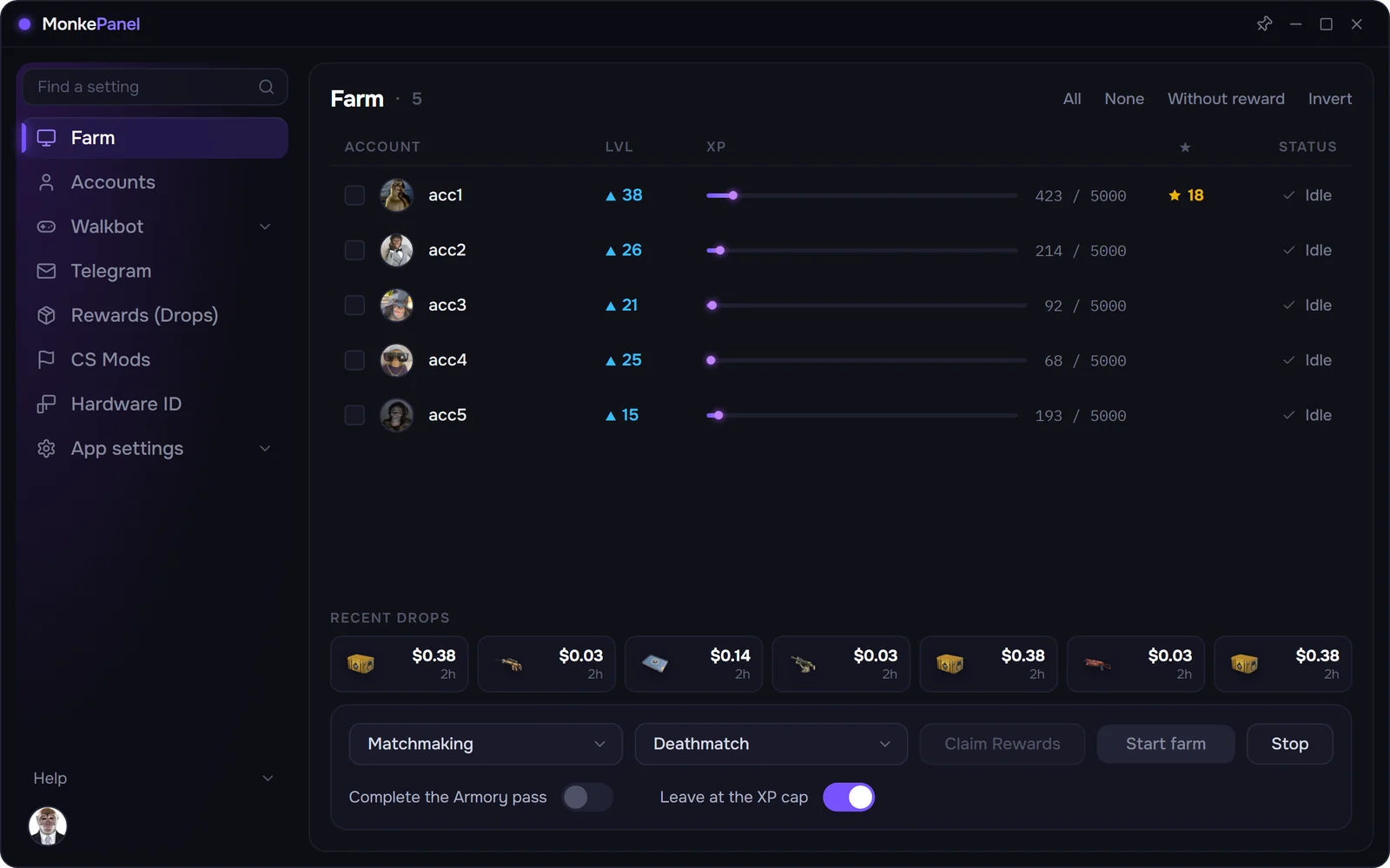 MonkePanel dashboard. Multi-account CS2 case farming control panel.