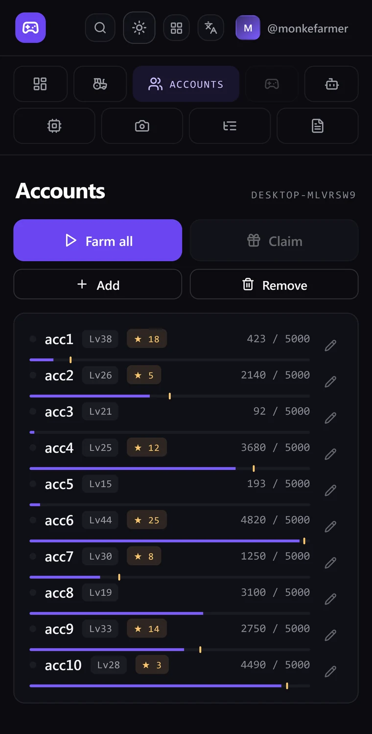 MonkePanel Telegram mini app. Live status, CPU/RAM/GPU readings, remote start and stop.