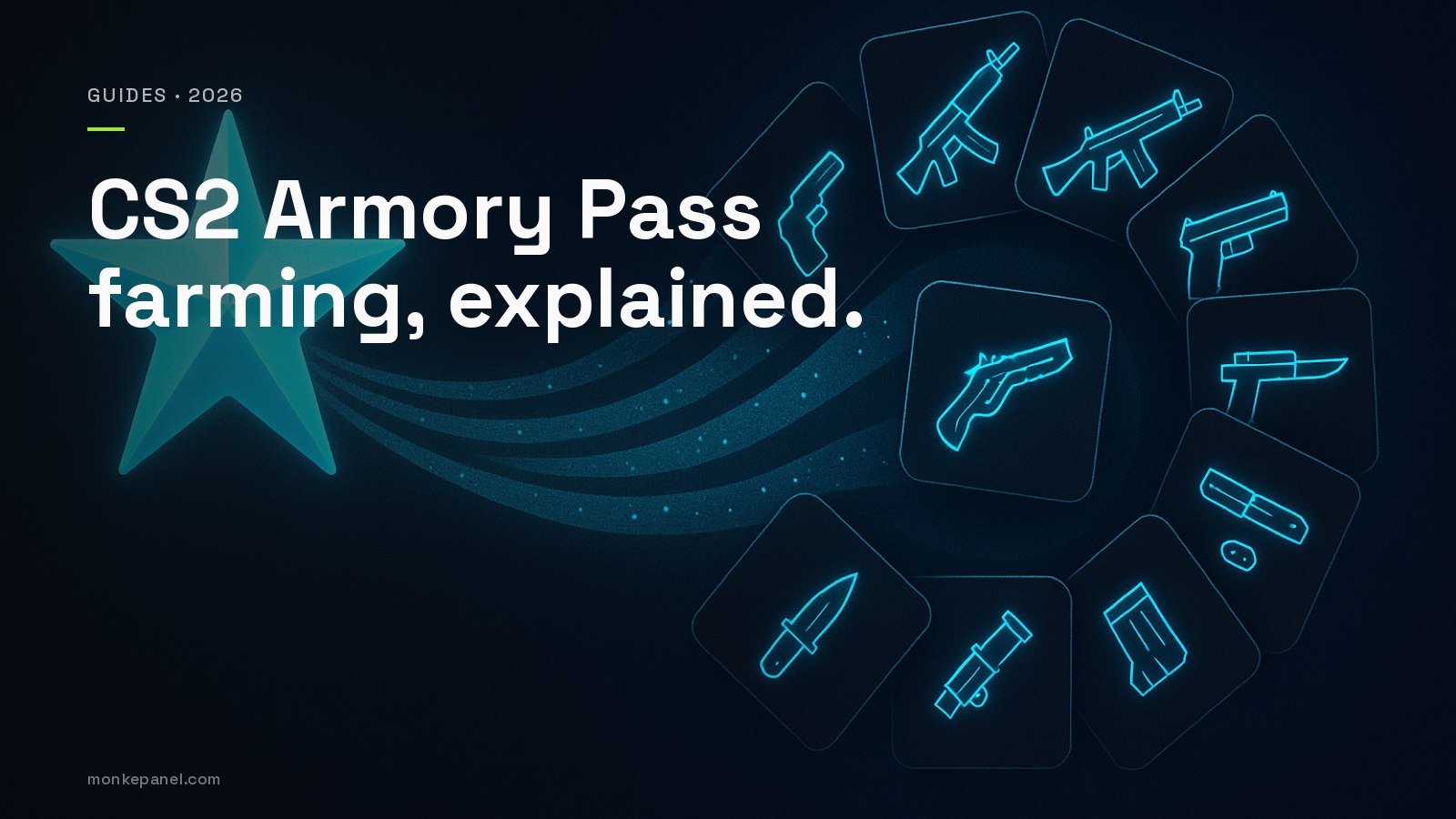 CS2 Armory Pass farming explained. Editorial illustration of stars converting into rotating weapon skin tiles.