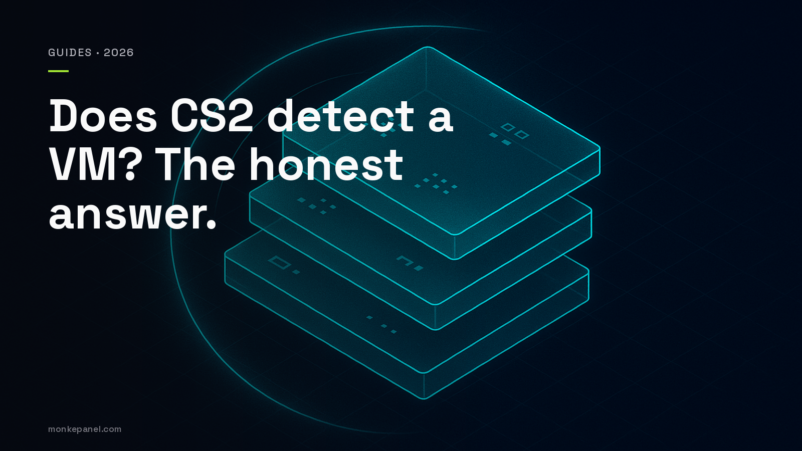 Editorial isometric illustration of four virtual machine tiles in a cyan radar sweep, representing hardware fingerprint isolation across CS2 farm accounts.