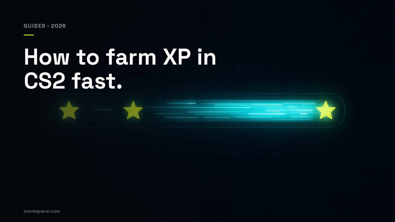 Stylized CS2 XP progress bar with cyan fill streaming from left to right and small star milestone markers along the bar, on a dark navy background.