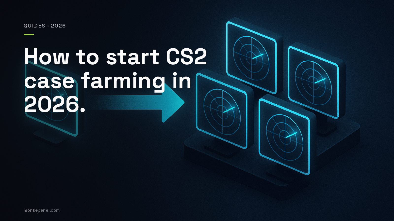 Diagram showing how to start CS2 case farming in 2026, scaling from one Steam account to multiple Hyper-V VMs on a single Windows host.