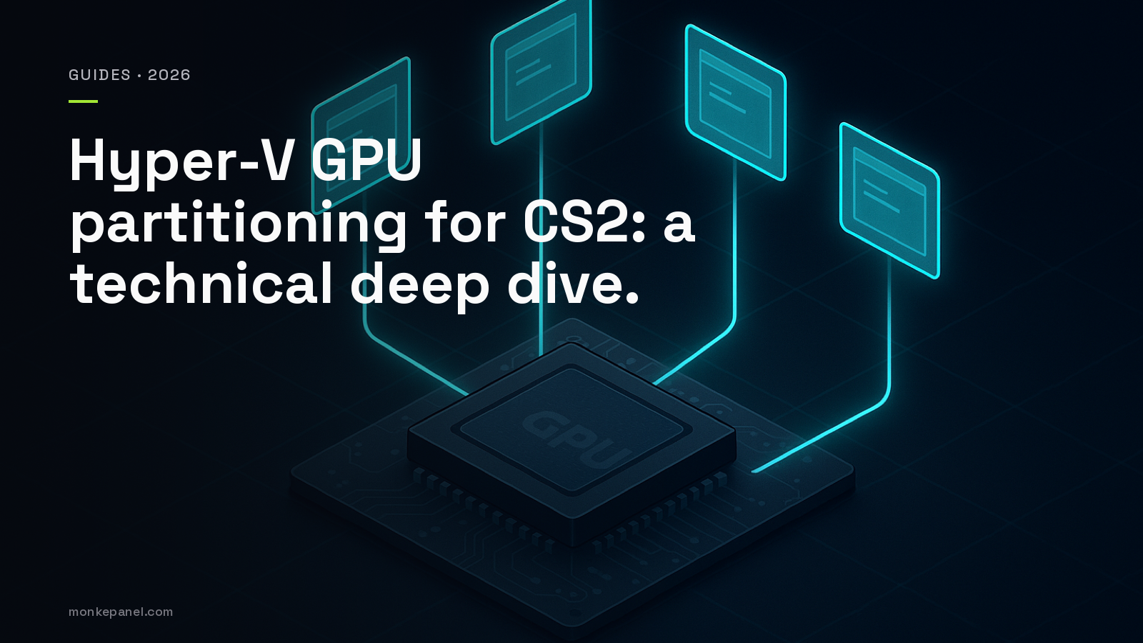 Isometric illustration of one physical GPU at the center with four cyan partition beams radiating up to four floating VM tiles, on a dark navy background.